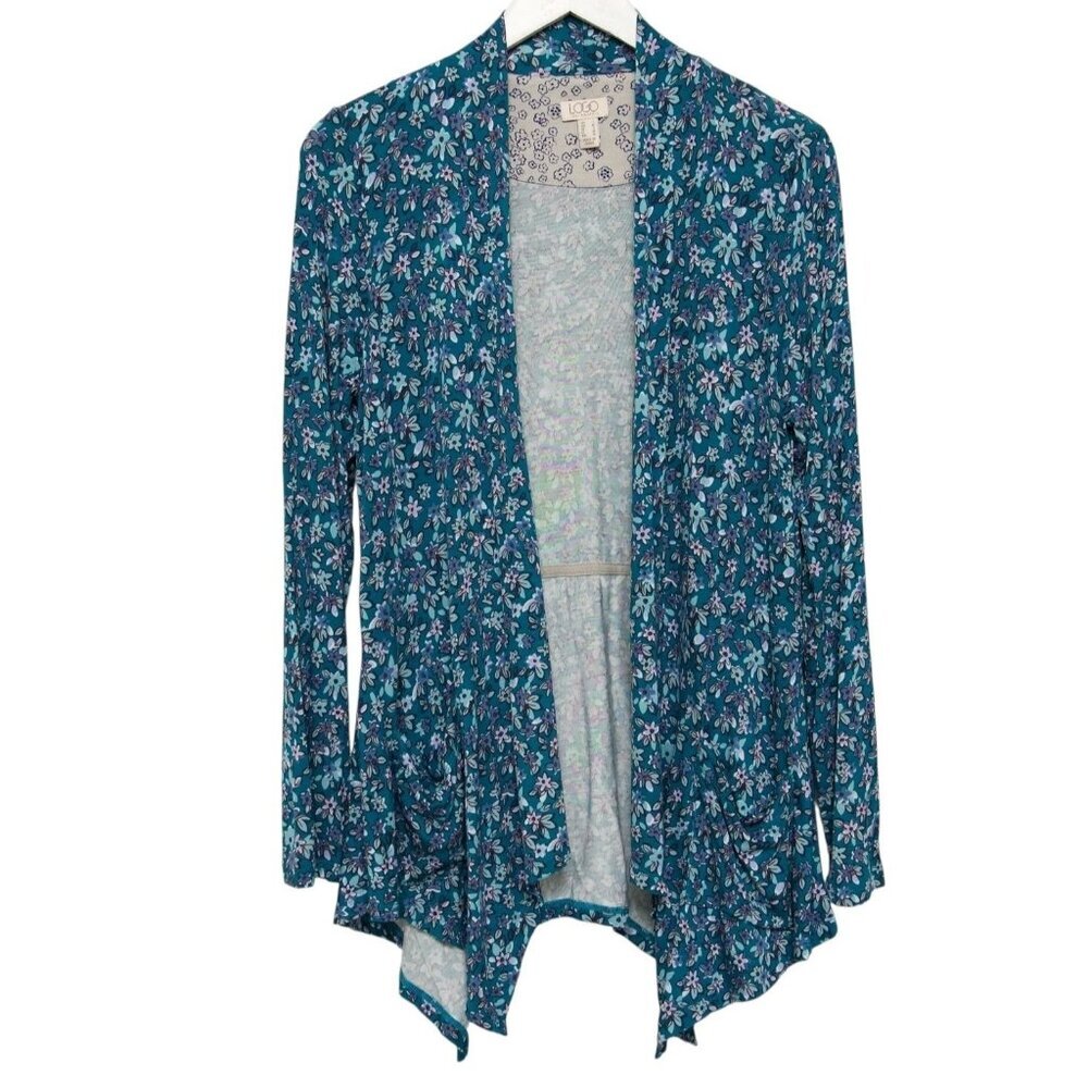 LOGO By Lori Goldstein Teal Floral Cardigan Small Open Front Shrug Stretch